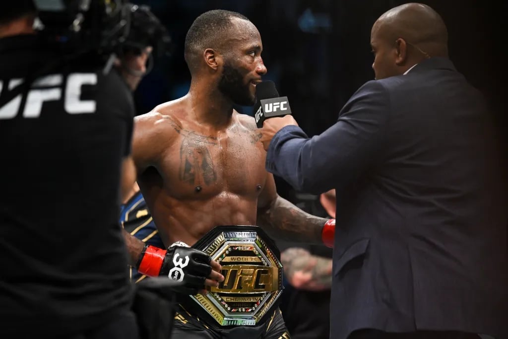 Leon Edwards brandishing his UFC Welterweight title after defeating Kamaru Usman at UFC 286. Credits to: Haljestam - USA TODAY Sports.