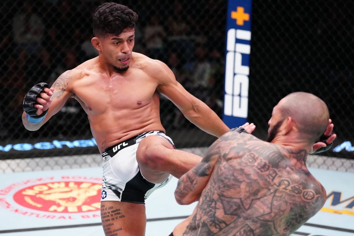 Jonathan Martinez delivers a heavy kick to Cub Swanson. Credits to: Zuffa LLC