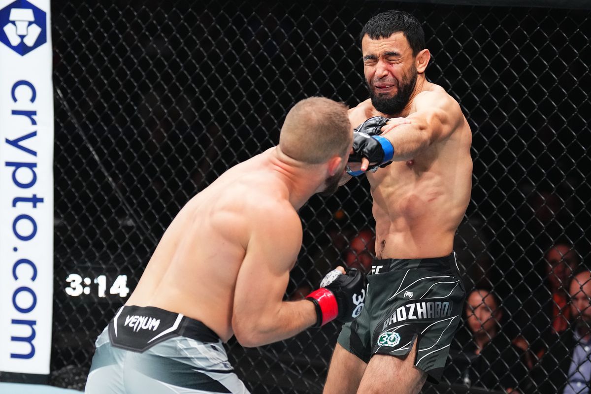 Mateusz Rębecki stuns Loik Radzhabov with a left straight. Credit: MMA Fighting.