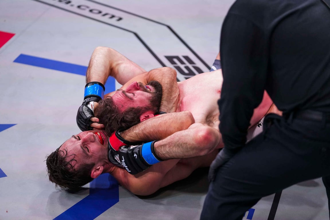 Rory MacDonald squeezes the neck of Brett Cooper. (Professional Fighters League)
