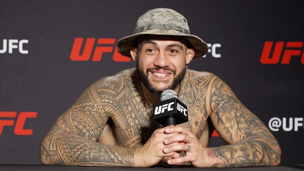 Tyson Pedro interviewing after his win at UFC Fight Night 205. Photo by MMAJunkie/USA Today.