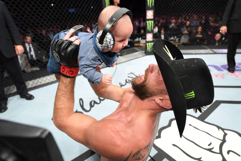 Cerrone celebrates with his son inside the octagon. Credit: Zuffa LLC.
