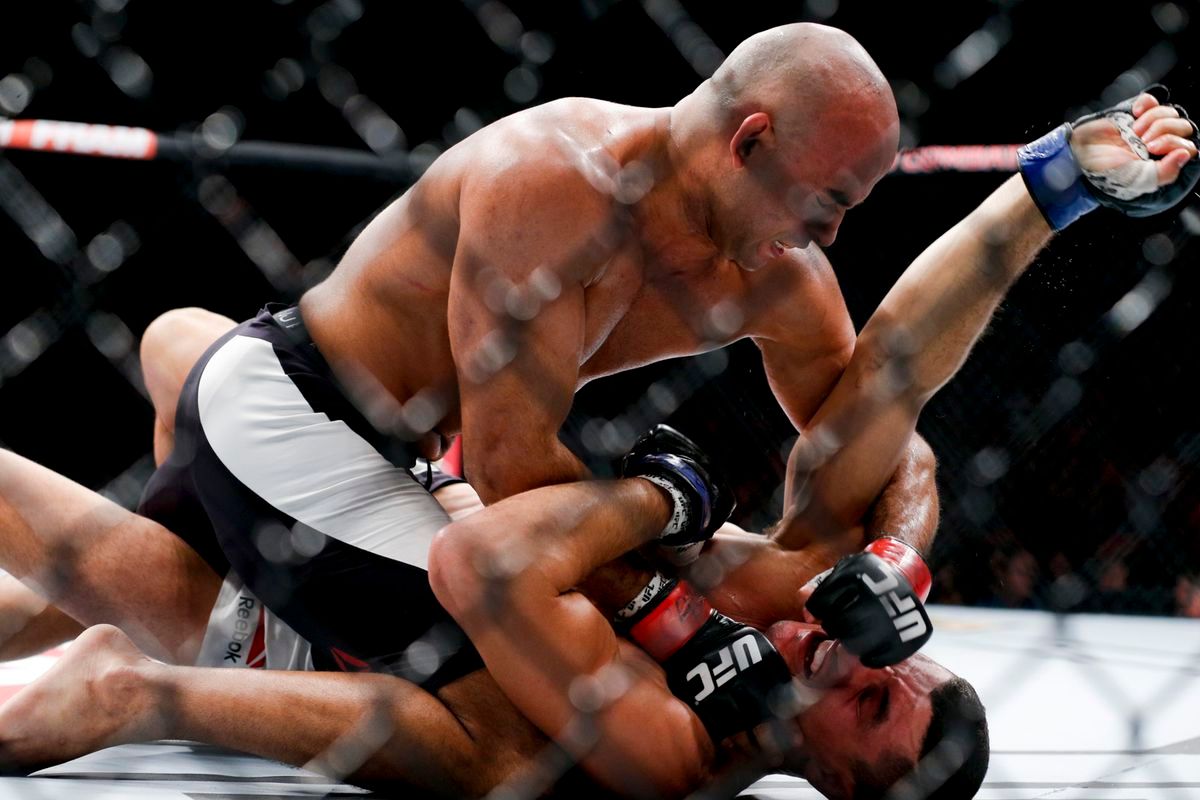 Warlley Alves rains down ground and pound onto Nordine Taleb. Credit: MMA Fighting.