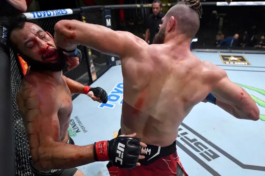 Jiri Prochakza lands a spinning back elbow against Dominick Reyes. Jeff Bottari/Getty Images