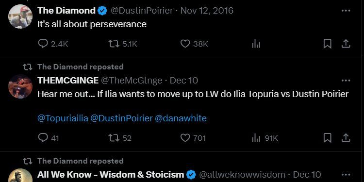 Dustin Poirier's X Account sharing a post about a fight with Ilia Topuria