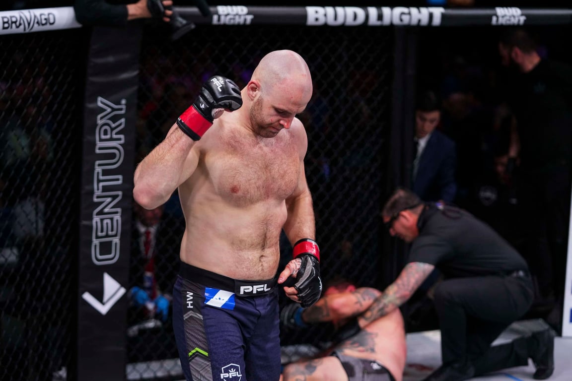 Denis Goltsov celebrates his win. (Professional Fighters League)