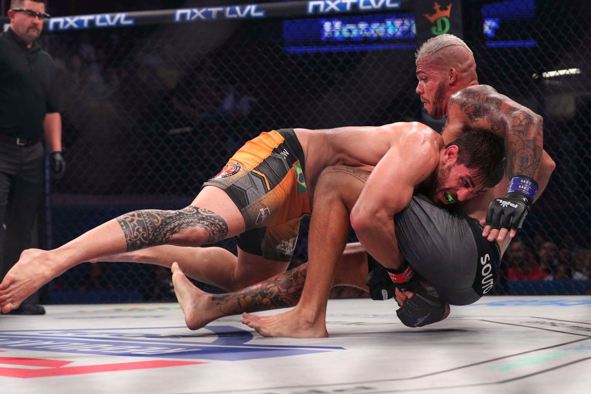 Antonio Carlos Junior blasting Bruce Souto with a double leg takedown. Credits to: PFL