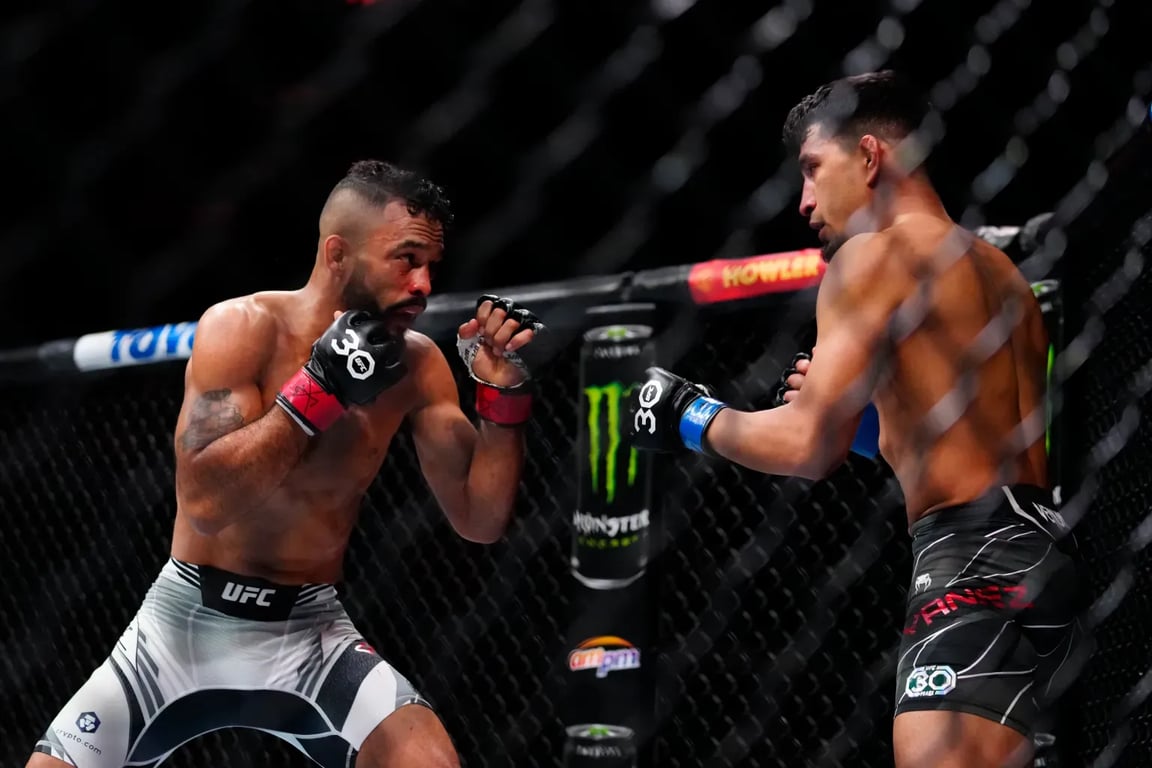 Rob Font staring down Adrian Yanez at UFC 287. Credits to: Rich Storry - USA TODAY Sports.