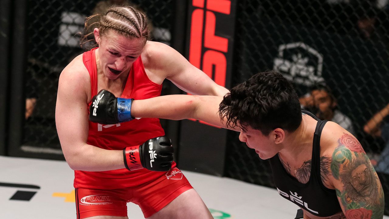 Larissa Pacheco in her fight against Canadian legend Sarah Kaufman. She won by unanimous decision. Photo by Ryan Loco, PFL.