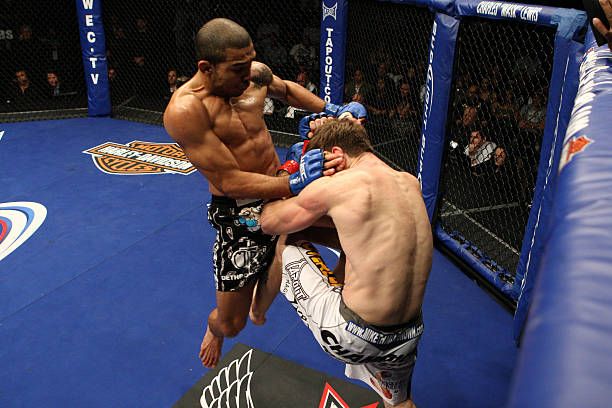 José Aldo landing a knee on Mike Brown at WEC 44. Credits to: Josh Hedges - Zuffa LLC.