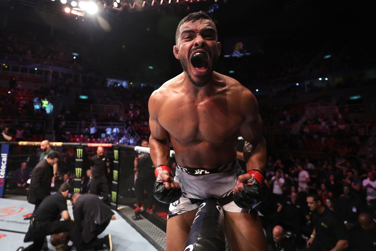 Ismael Bonfim celebrates after knocking out Terrance McKinney. Credit: MMA Fighting.