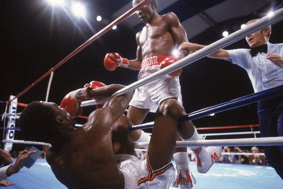 Sugar Ray Leonard dropping Thomas Hearns through the ropes. Credits to: Fight City