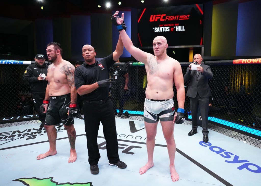 Serghei Spivac reacts to defeating Augusto Sakai. Credits to: Chris Unger-Zuffa LLC