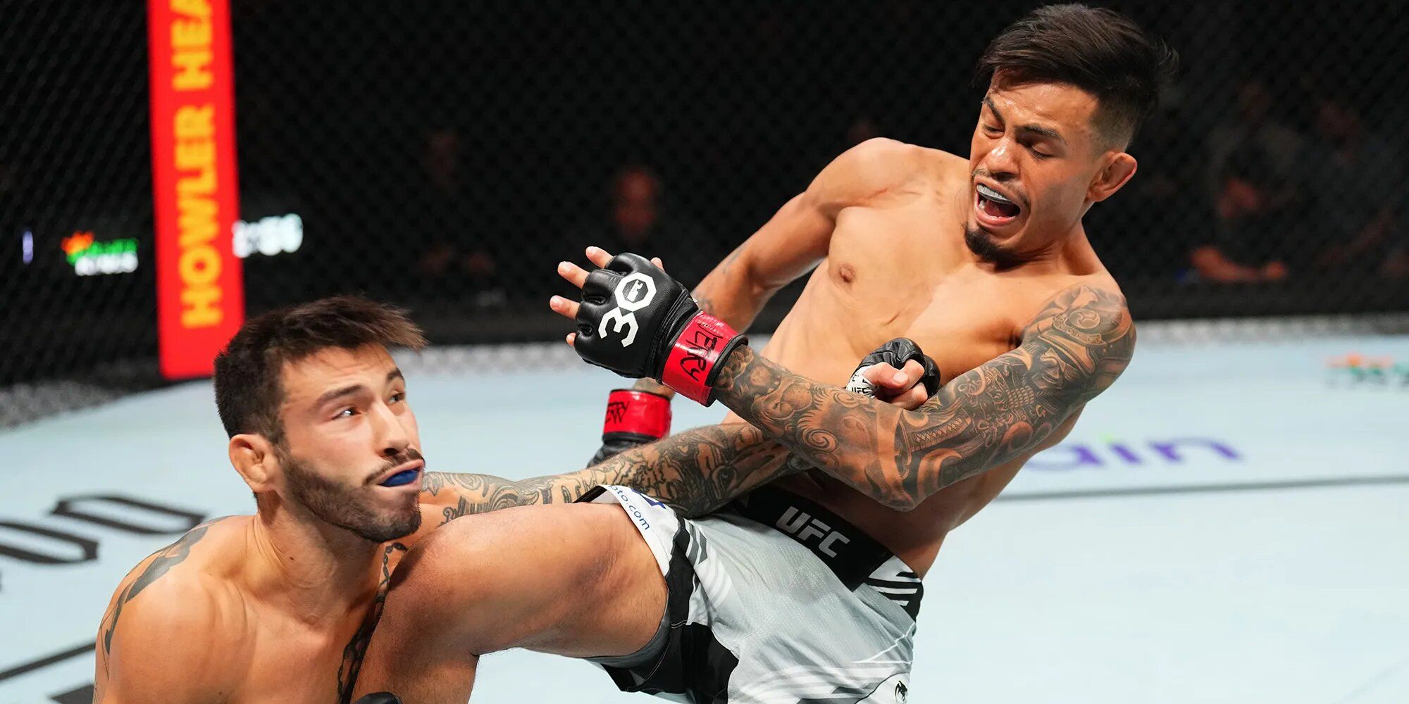 Brandon Royval lands a knee that knocks out Matheus Nicolau. Credit: Zuffa LLC via Getty Images