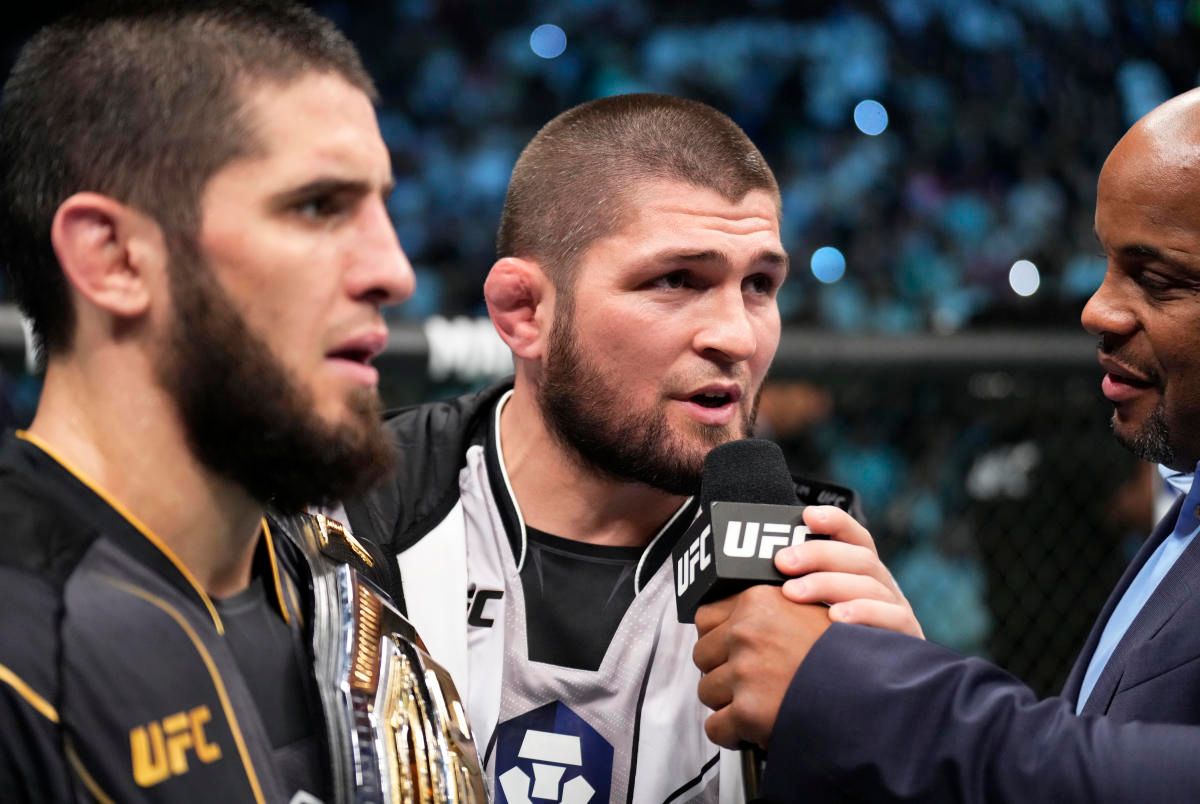 Khabib Nurmagomedov and Islam Makhachev after UFC 280. Credits to: Chris Unger-Zuffa LLC.