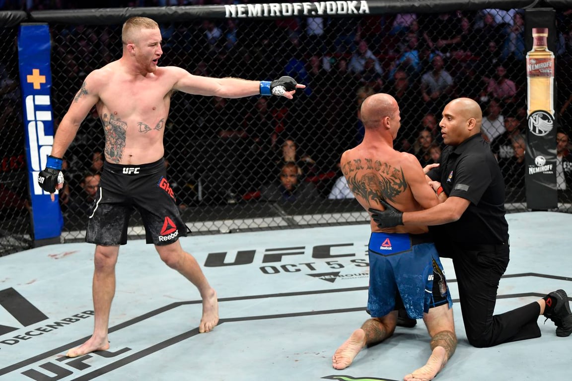 Justin Gaethje after his TKO victory over Donald Cerrone in Vancouver, Canada. Credits to: Jeff Botari - Zuffa LLC.