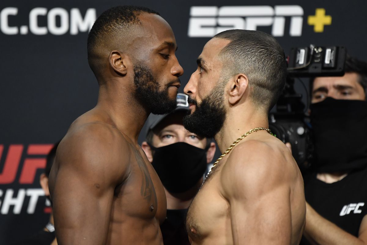 Belal Muhammad faces off against Leon Edwards before their March 2021 fight. The fight ended a no-contest after Belal Muhammad's eye was poked and he was deemed unable to continue. Photo by Jeff Bottari, Zuffa LLC.