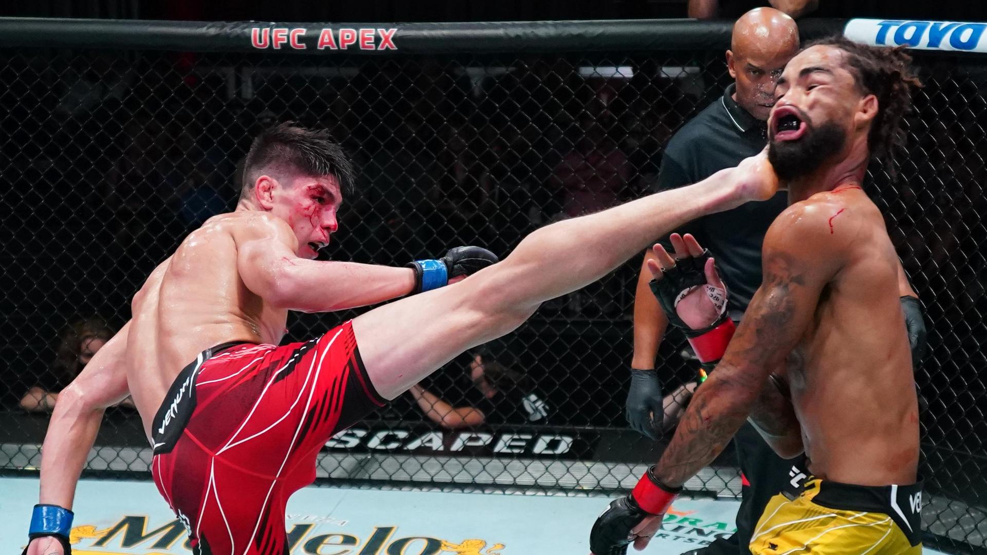 Ignacio Bahamondes head kicking Roosevelt Roberts. Photo by ESPN.