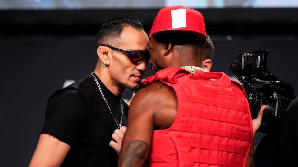 Tony Ferguson and Bobby Green facing off at the UFC 291 press conference. Credits to: Jeff Bottari - Zuffa LLC.