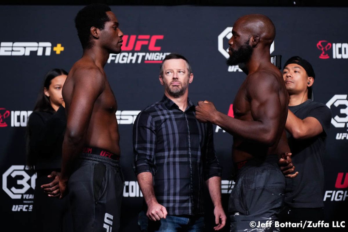 Tafon Nchukwi faces off against AJ Dobson. Photo by Jeff Bottari, Zuffa LLC.