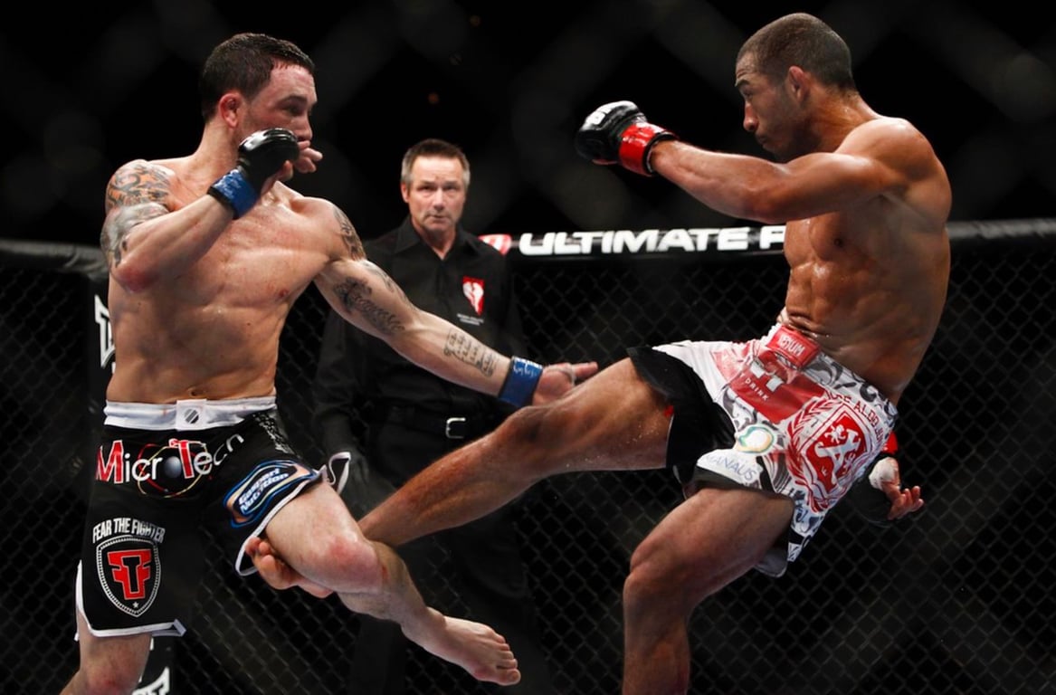 Jose Aldo uses destructive leg kicks vs. Frankie Edgar. Credits to: Esther Lin-MMA Fighting, Zuffa LLC