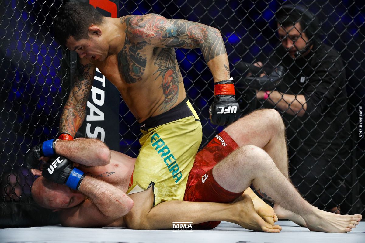Diego Ferreira rains down ground and pound on Kyle Nelson. Credit: MMA Fighting.