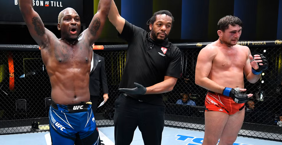 Derek Brunson celebrating his last victory vs. Darren Till. Credits to: Chris Unger - Zuffa LLC.