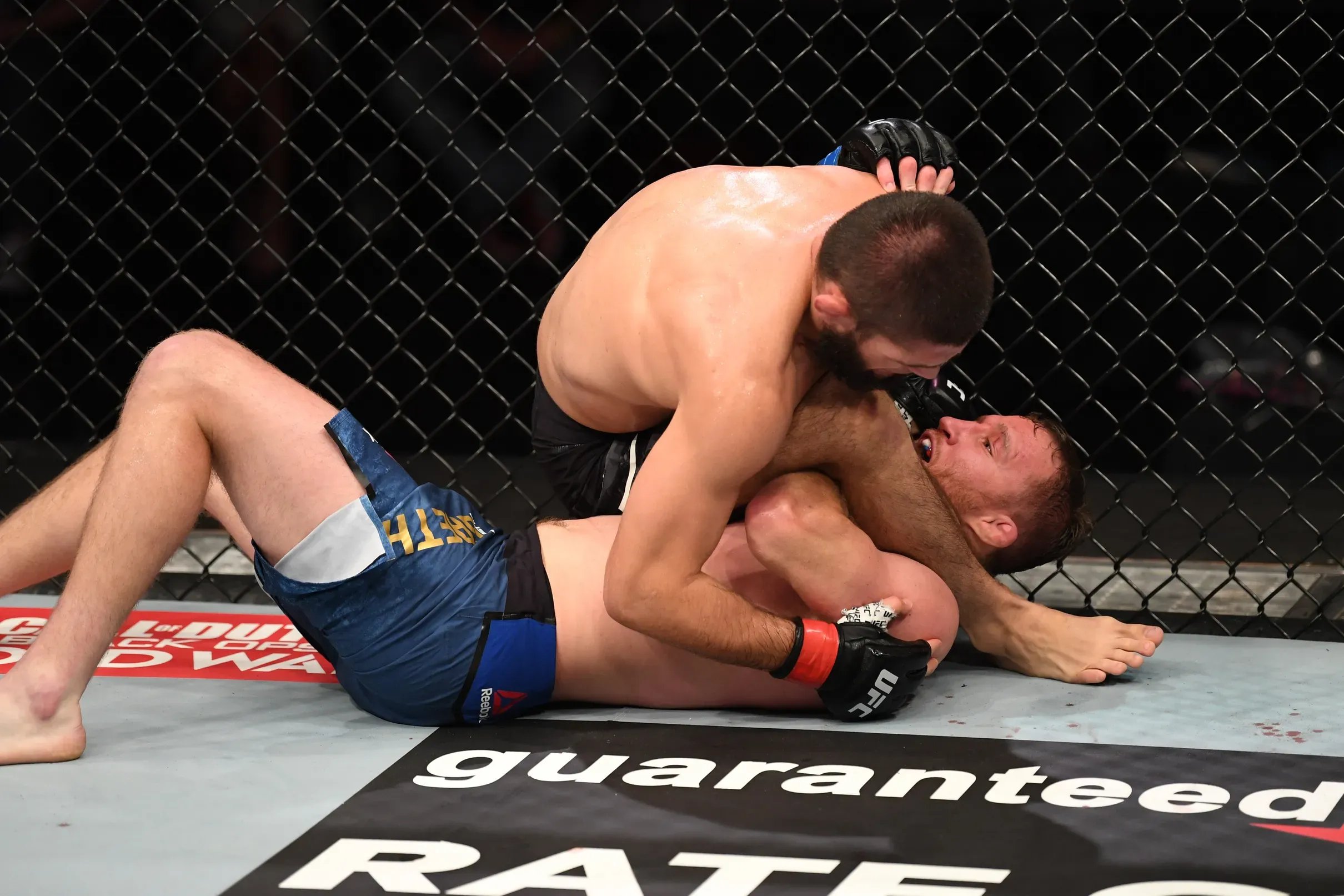 Khabib Nurmagomedov locks up the triangle choke against Justin Gaethje. Credit: Josh Hedges/Zuffa LLC