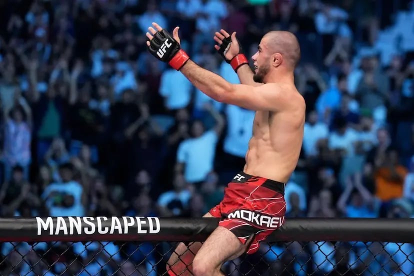 Muhammad Mokaev celebrates after his win over Malcolm Gordon at UFC 280. Credits to: Chris Unger - Zuffa LLC.