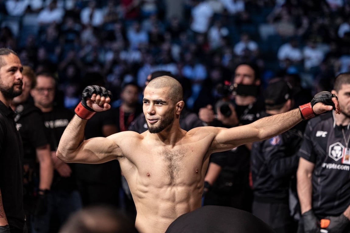 Muhammad Mokaev is introduced before his fight against Malcolm Gordon during UFC 280 at Etihad Arena. Credit: Craig Kidwell-USA TODAY Sports.