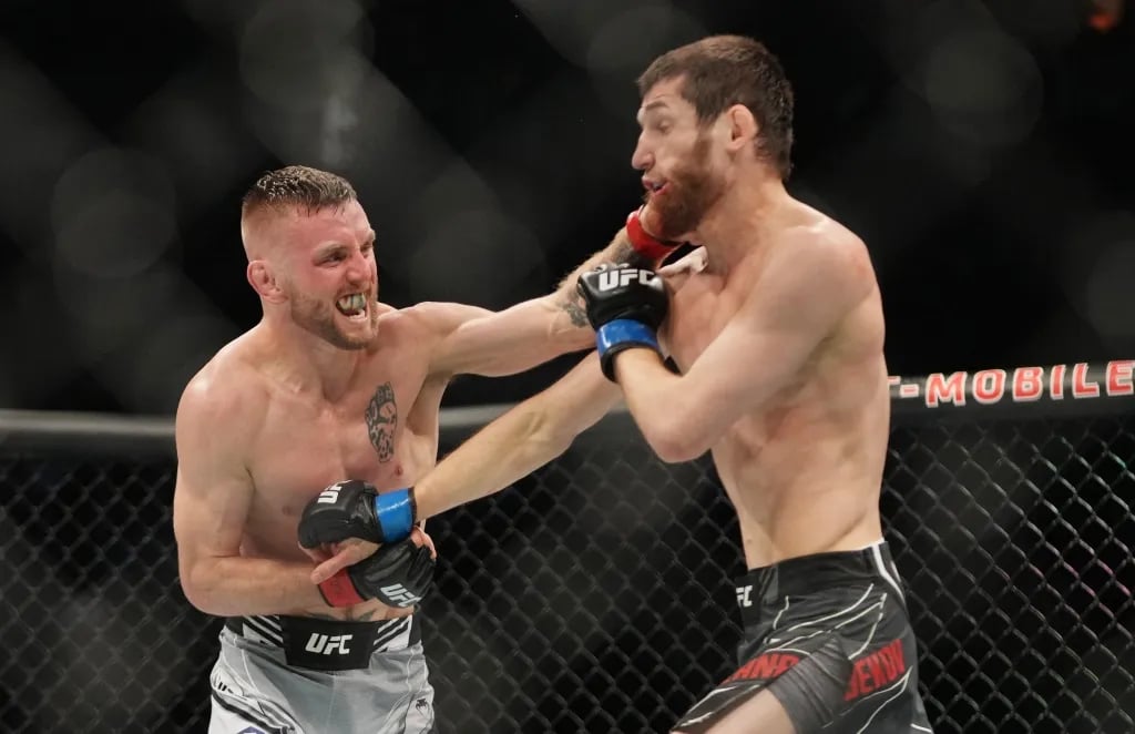 Tim Elliott scrapping with Tagir Ulanbekov at 272. Credits to: Stephen R. Sylvanie - USA TODAY Sports.
