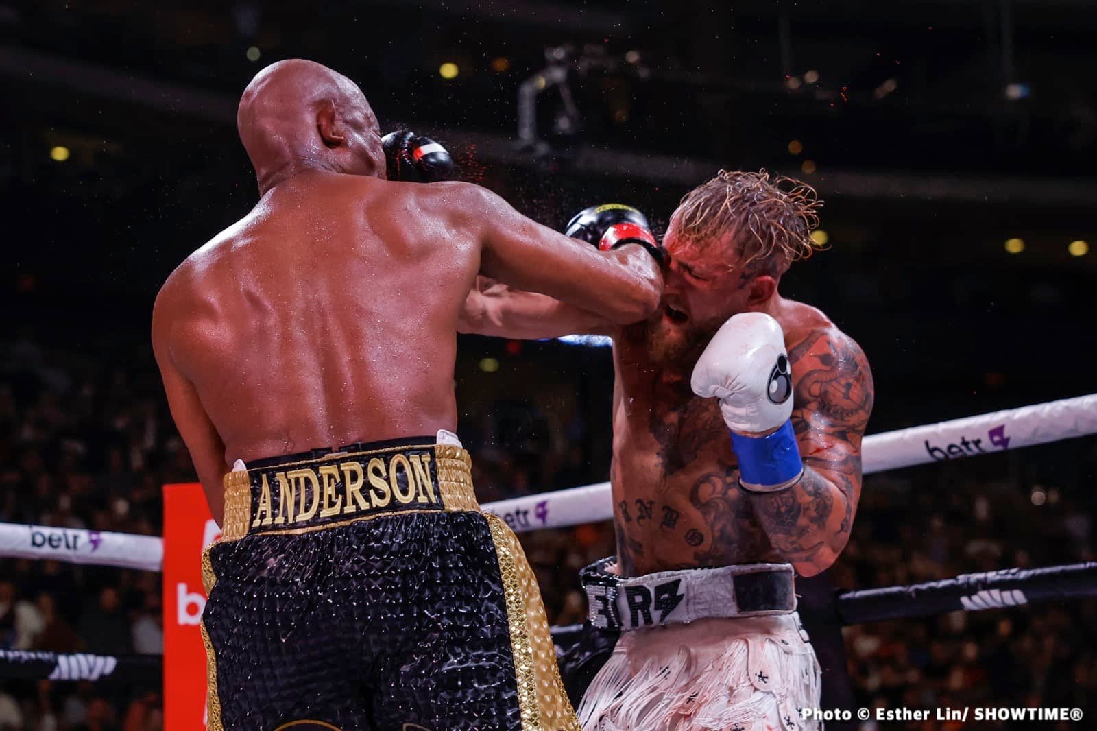 Anderson Silva lands a big shot on Jake Paul. Credit: Ester Lin/ Showtime via Getty Images.