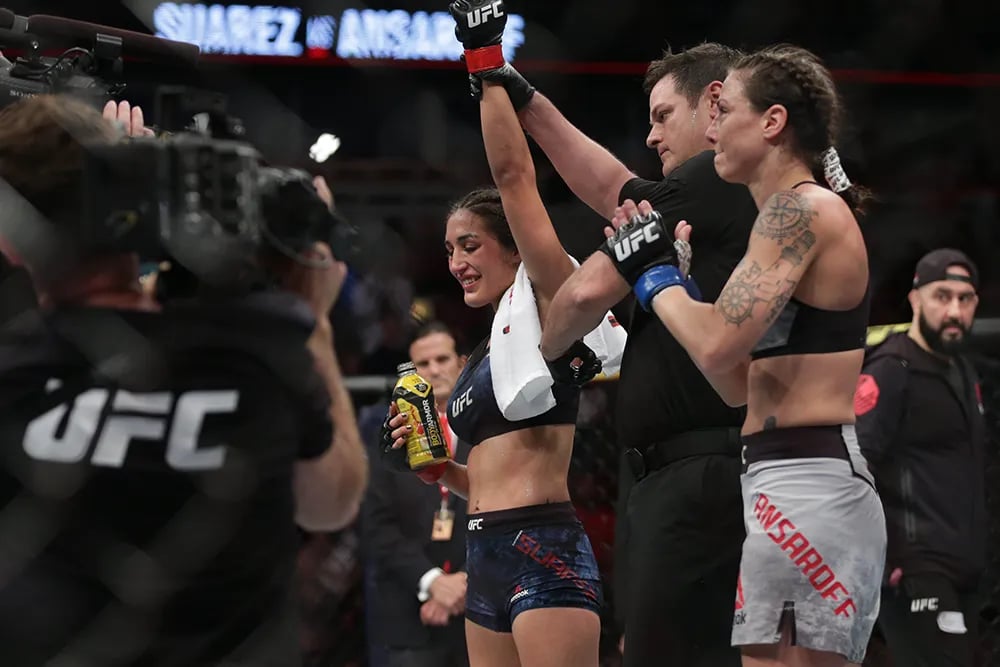 Tatiana Suarez after securing the win vs. Nina Nunes (formerly Nina Ansaroff.) Credits to: Jerry Lai - USA TODAY Sports.