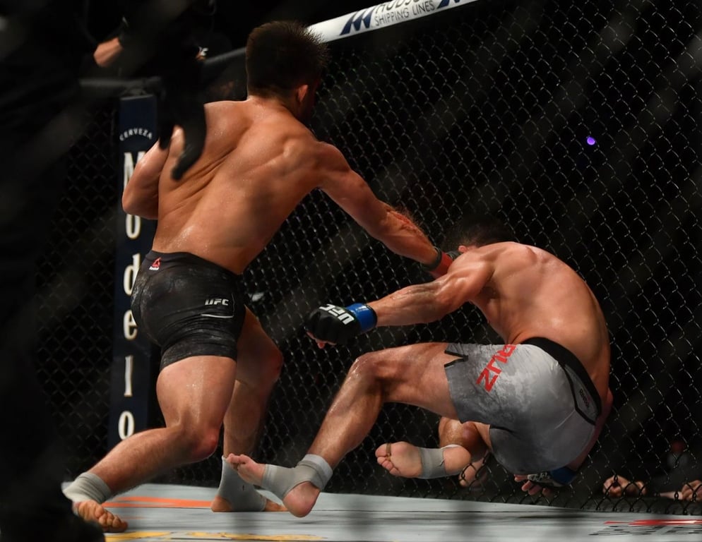 Henry Cejudo finishes Dominick Cruz in round 2. Credits to: Jasen Vinlove, USA TODAY Sports