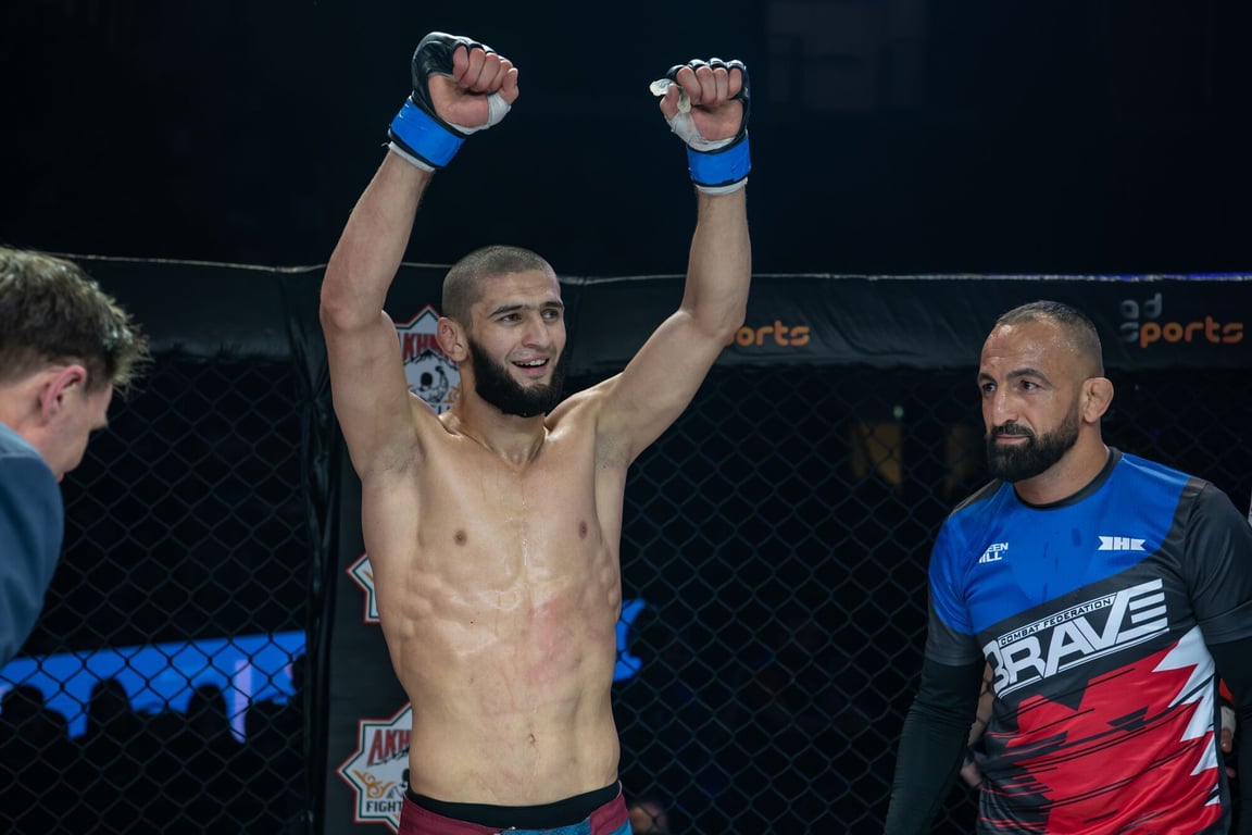 Khamzat Chimaev celebrating with his training partner Reza Madadi - Brave CF