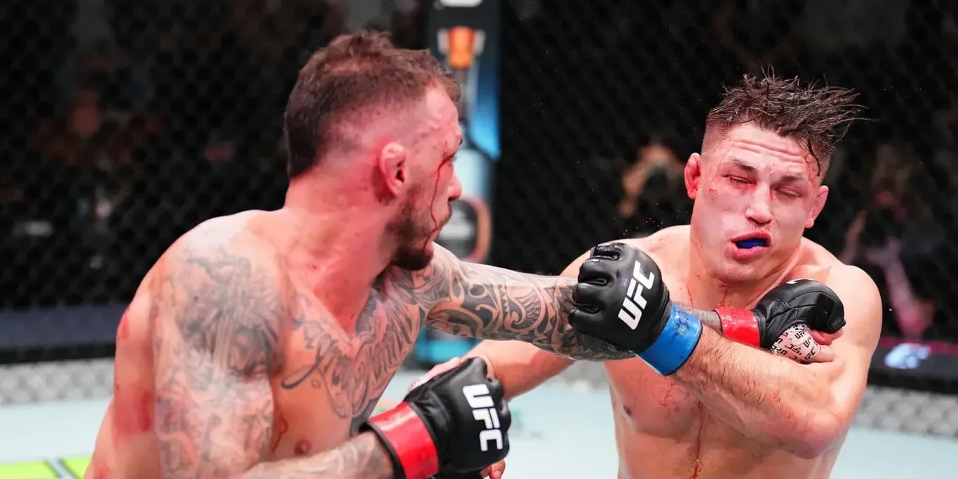 Drew Dober getting popped by Renato Moicanos jab. Credits to: Chris Unger - Zuffa LLC.