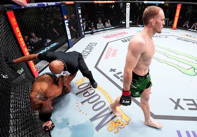 Jack Della Maddalena finishing Danny Roberts in the first round. Photo by Chris Unger, Zuffa LLC.