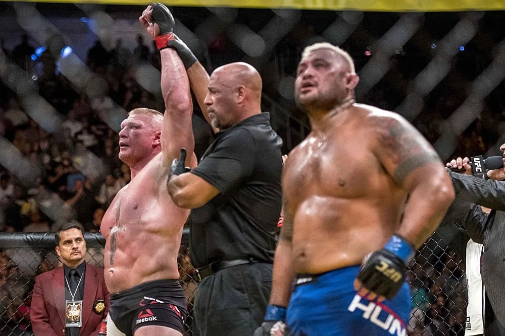 Brock Lesnar being awarded a decision victory vs. Mark Hunt, which was later overturned. Credits to: Joshua Dahl - USA TODAY Sports.