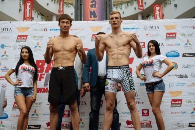 Shavkat Rakhmonov and Michel Wiencek after weighing in for their fight. Credit: M-1 Global