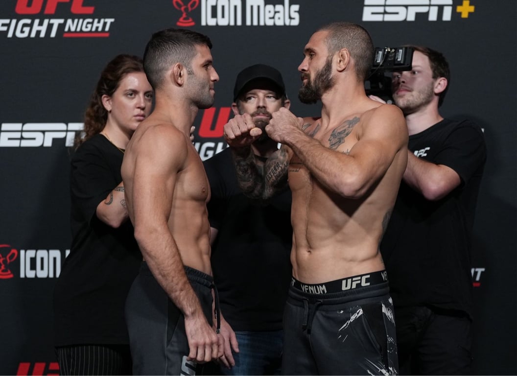 Lightweights Thiago Moises and Christos Giagos face off. Credits to: Jeff Bottari-Zuffa LLC