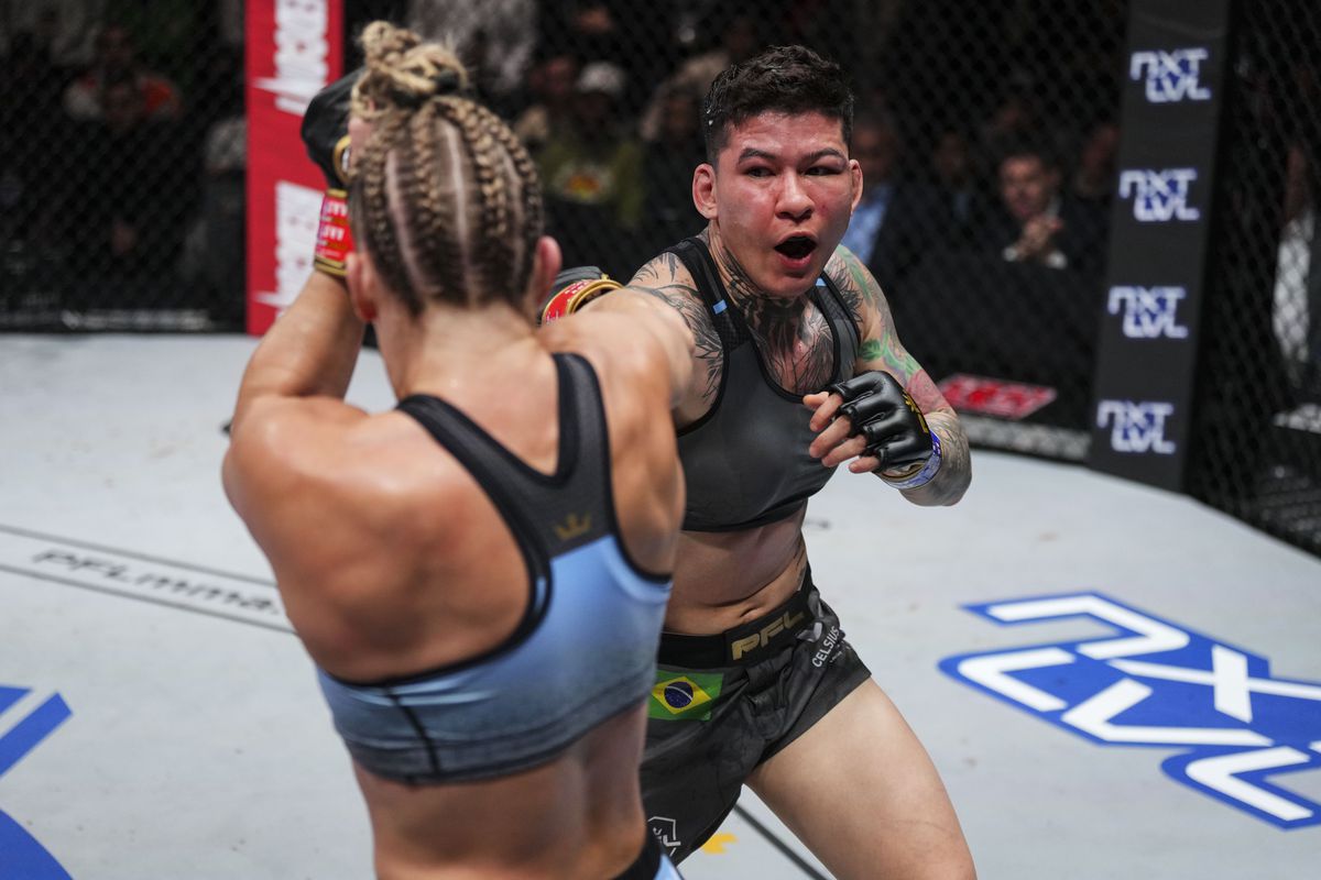 Larissa Pacheco throws a right hand at Kayla Harrison. Credit: MMA Fighting.