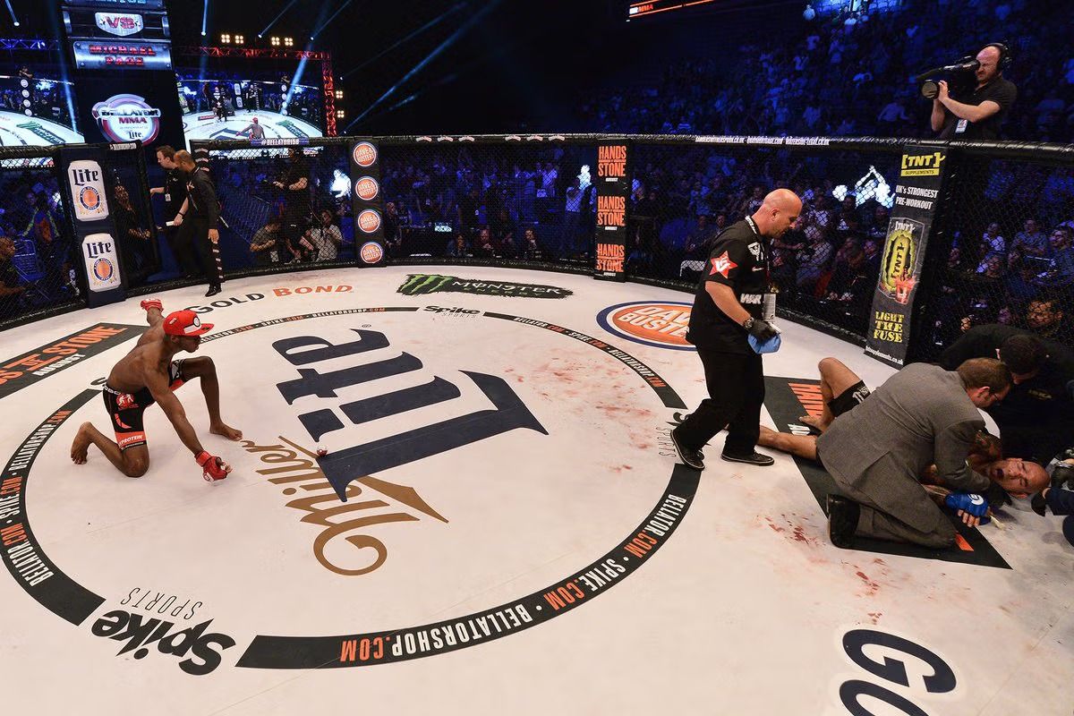 Michael Page does Pokemon-inspired celebration after brutally knocking out Evangelista Santos. Credit: Bellator MMA.