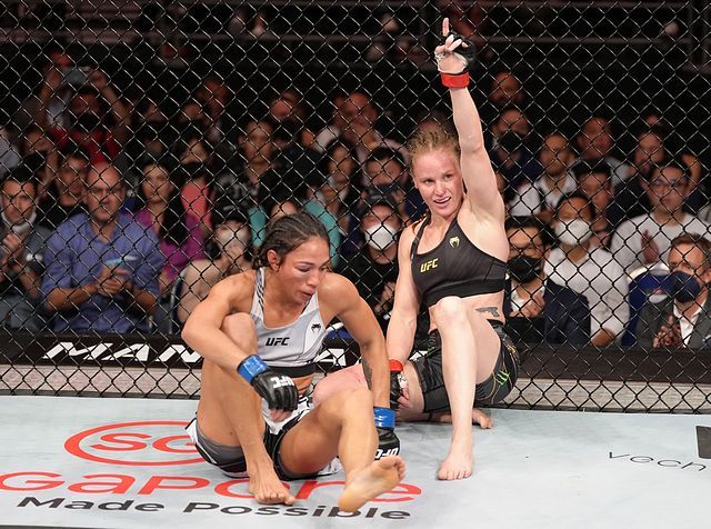 Santos after fighting hard in her title fight against Valentina Shevchenko. Photo by Jeff Bottari, Zuffa LLC.
