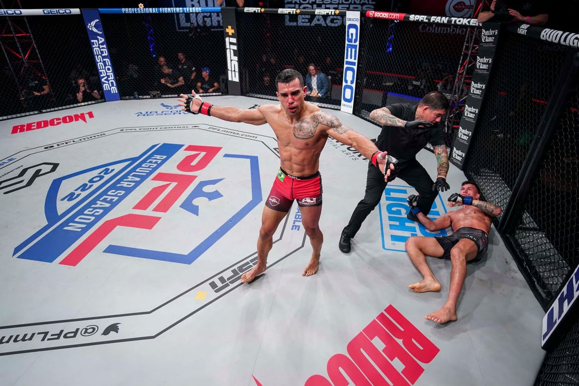 Raush Manfio celebrating a comeback win. (Professional Fighters League)