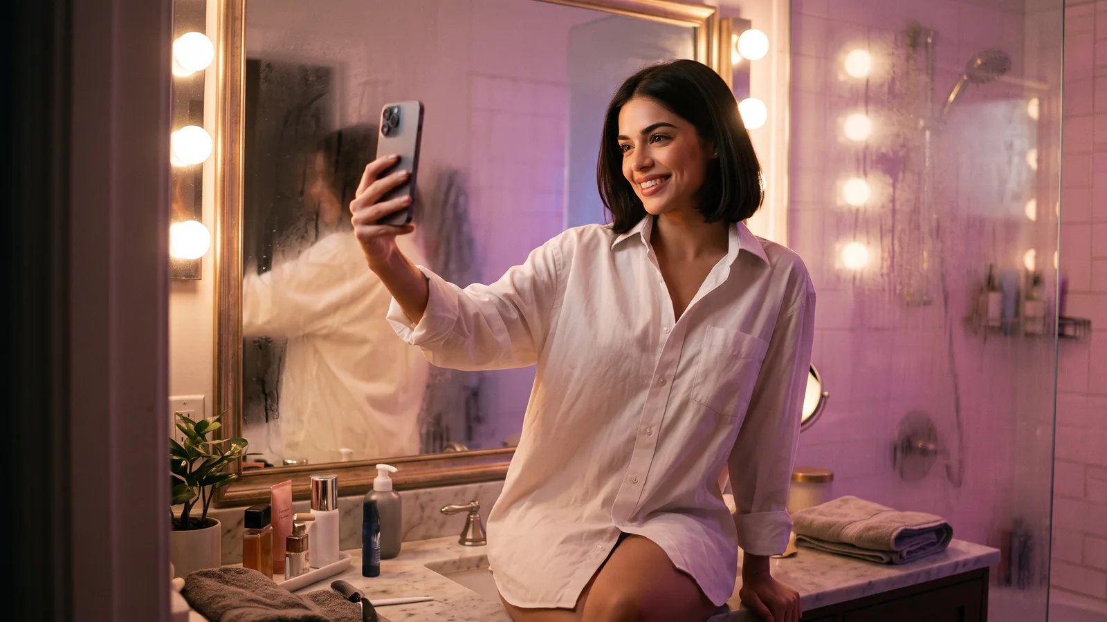 A woman with a dark bob in a white shirt on a bathroom counter at night, filming herself on her phone