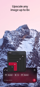 Topaz upscaling interface showing a mountain landscape and resolution controls