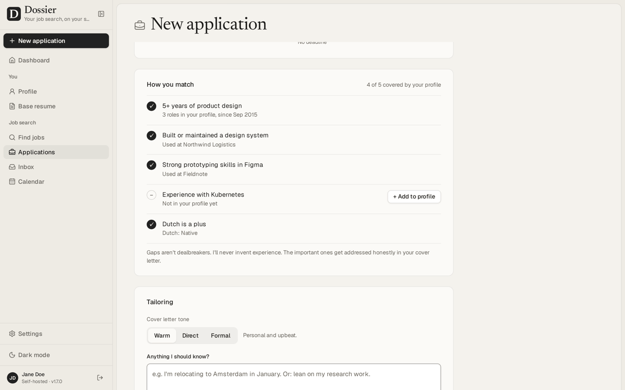 Dossier screen comparing a candidate profile with job requirements