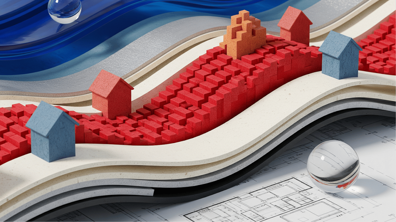 Illustration of houses on terrain above architectural plans