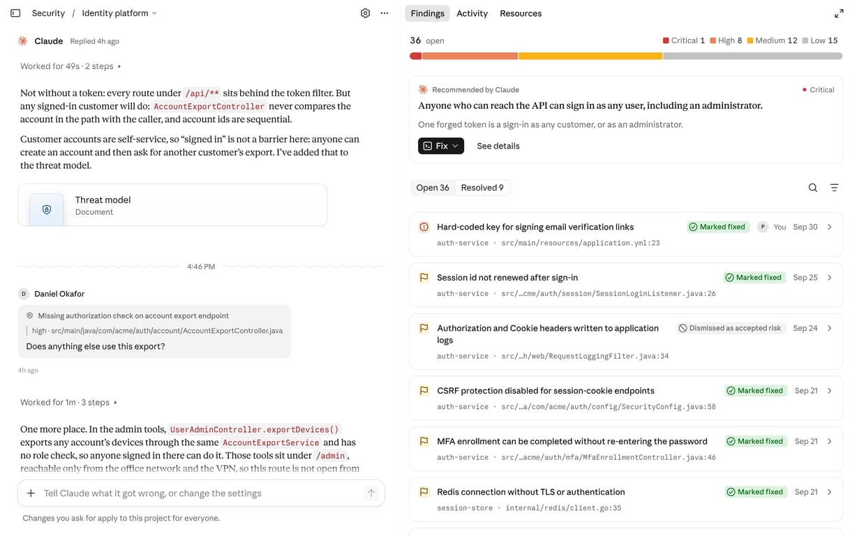 Claude Security dashboard showing findings grouped by severity