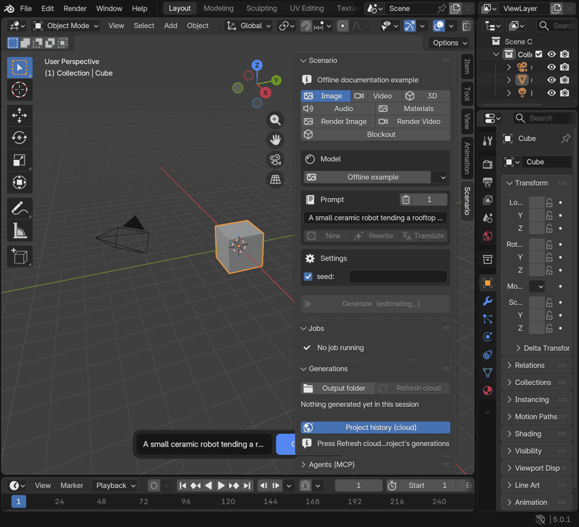 Scenario sidebar in Blender showing image-generation controls